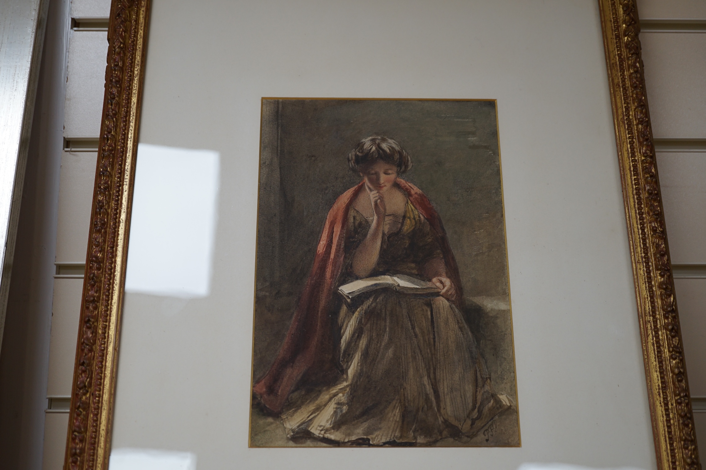 Late 19th century English School, Pre-Raphaelite watercolour, Seated girl reading, indistinctly monogrammed PFB?, 25 x 17cm. Condition - fair to good
